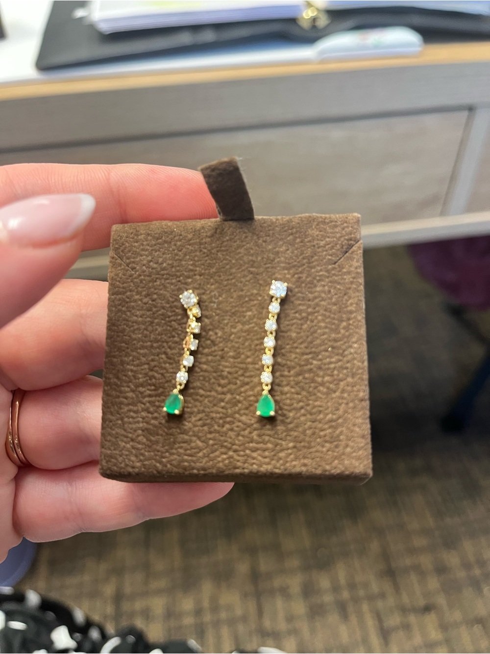 Elegant diamond and yellow Gold Drop Earrings with Emerald Accent